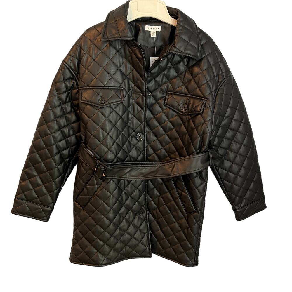 NEW Topshop Quinn Belted Faux Leather Winter Coat size 6